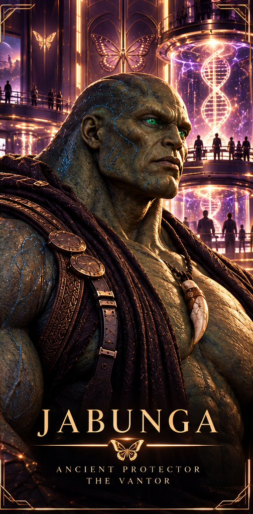 Jabunga: an ancient, powerful reptilian being draped in dark ceremonial cloth, within the golden halls of the Monarch facility
