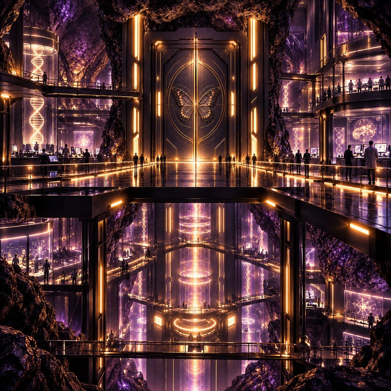 Inside the Monarch: a vast underground laboratory of glowing DNA columns and walkways, with a great butterfly set into the sealed door at its heart