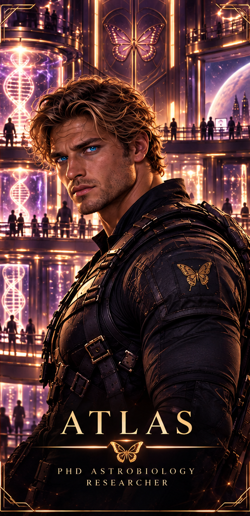 Atlas Cypher: a rugged scientist in dark tactical gear, standing before the glowing DNA columns of the Monarch facility