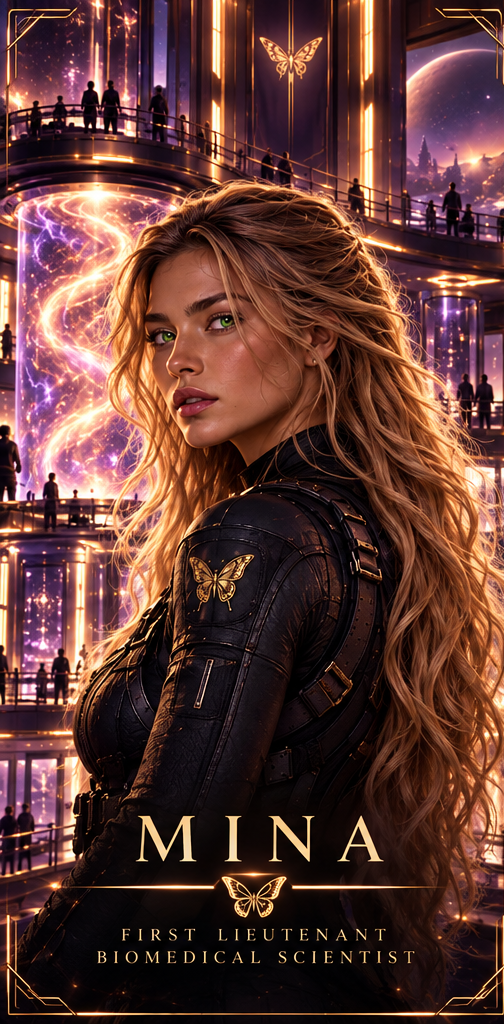 Mina Messier: a blonde First Lieutenant in dark tactical gear, standing before the glowing DNA columns of the Monarch facility