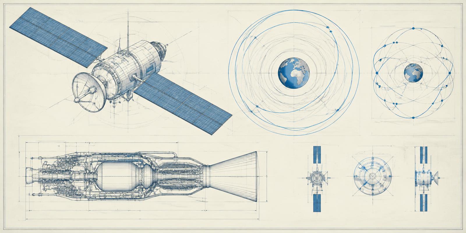 Blueprint sketches of a satellite, orbits and a propulsion system