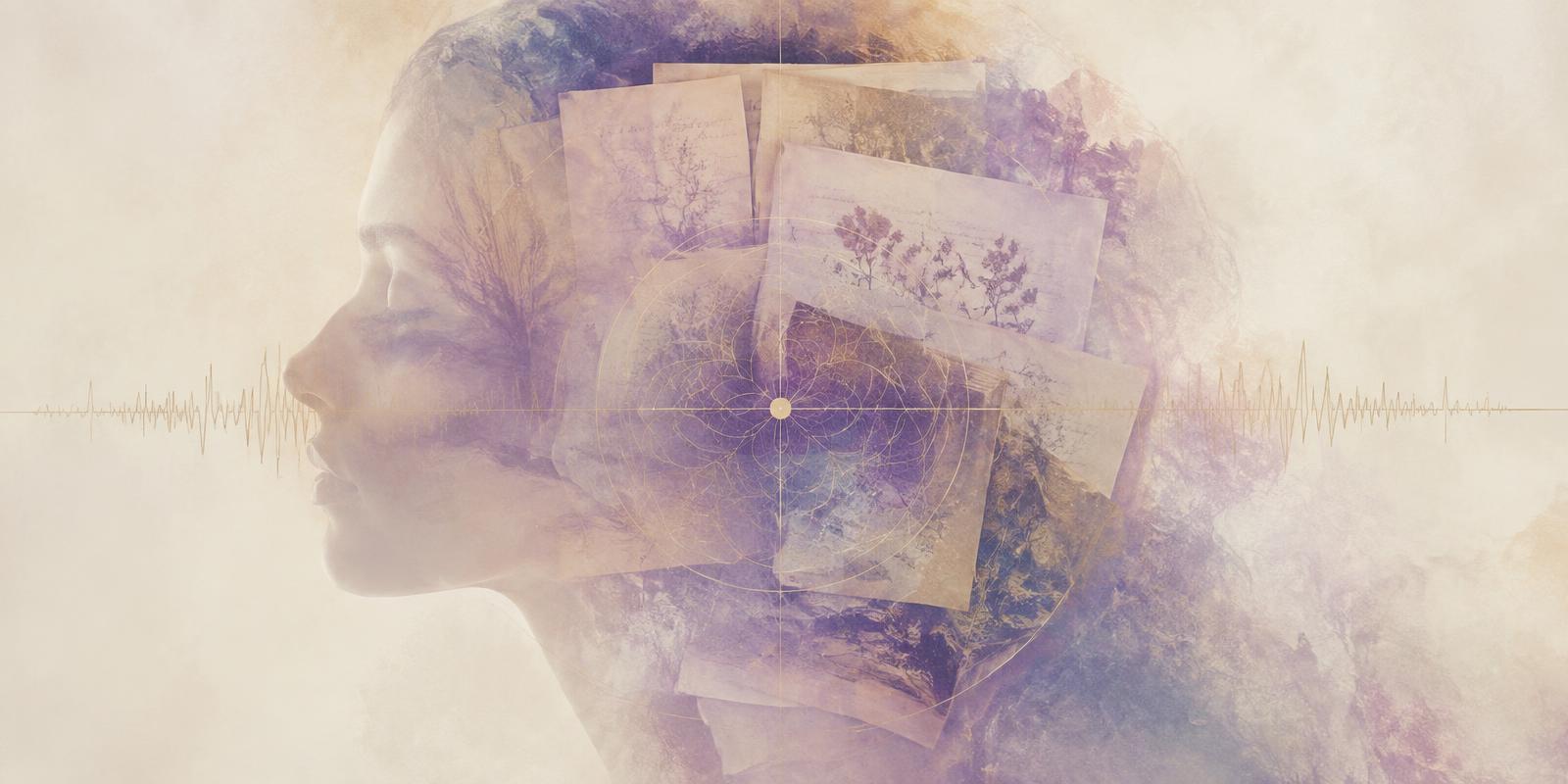A translucent profile dissolving into layered journal pages